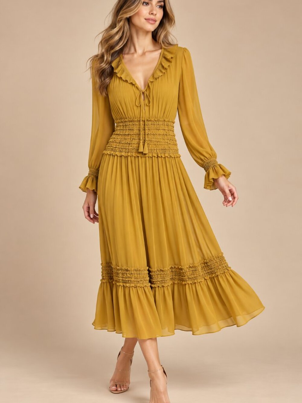 Mustard Yellow Ruffle Maxi Dress – Boho Chic & Elegant ✨
